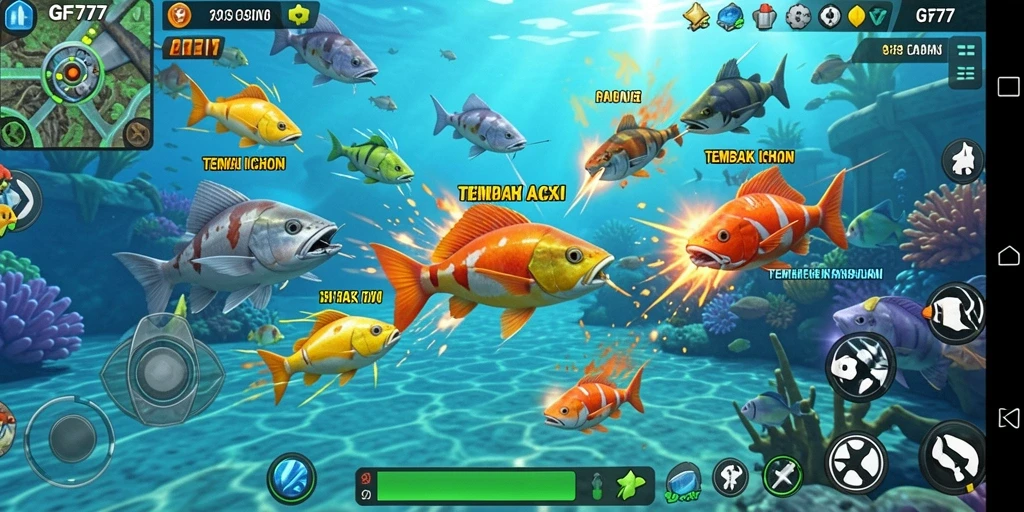 Menampilkan aksi gameplay seru di GF777, menangkap ikan berwarna-warni.