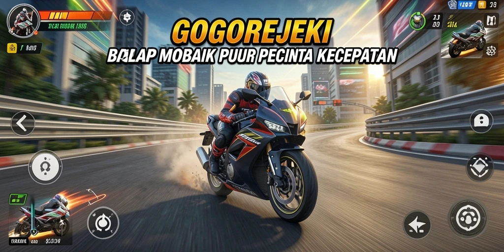 Tampilan gameplay GOGOREJEKI dengan motor yang melaju kencang di trek.