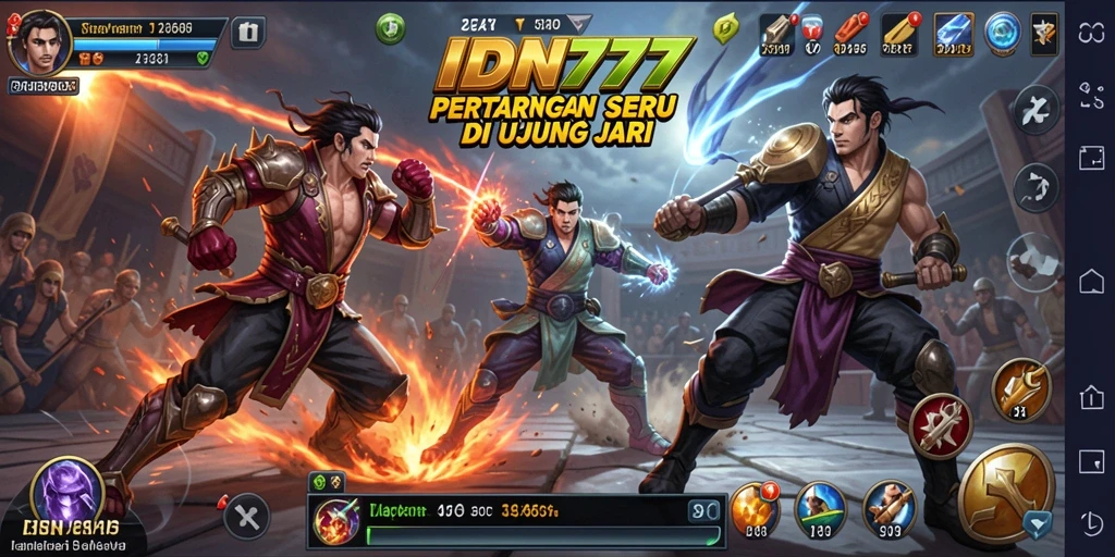 Tampilan gameplay <strong>IDN777</strong> dengan karakter bertarung di arena yang menegangkan.
