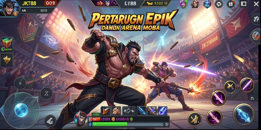 Tampilan gameplay epik JKT88 dalam pertarungan arena MOBA.