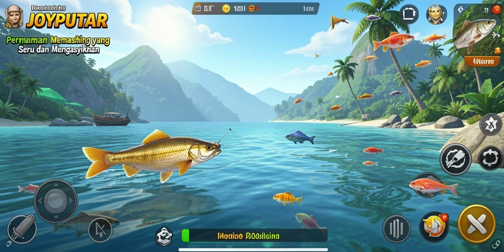 Tampilan gameplay <strong>JOYPUTAR</strong> menampilkan keseruan saat memancing di lokasi yang indah.