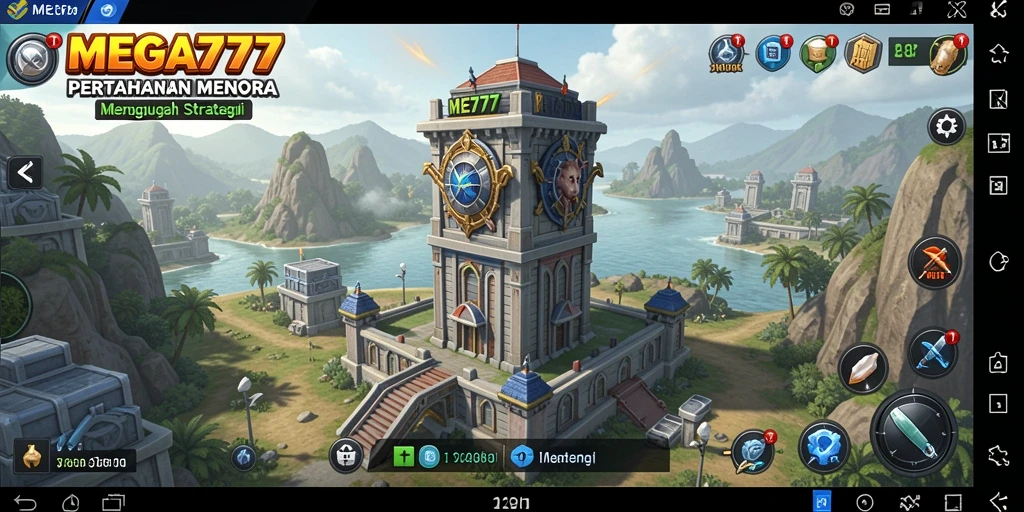 Screenshot gameplay MEGA777 menunjukkan menara yang siap mempertahankan wilayah.