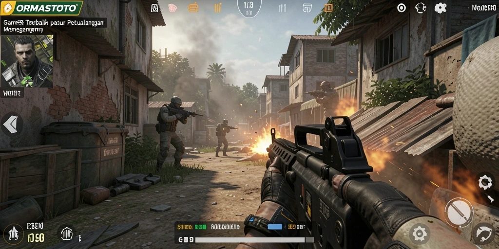 Tangkapan layar gameplay ORMASTOTO dengan aksi tembak-menembak yang intens.