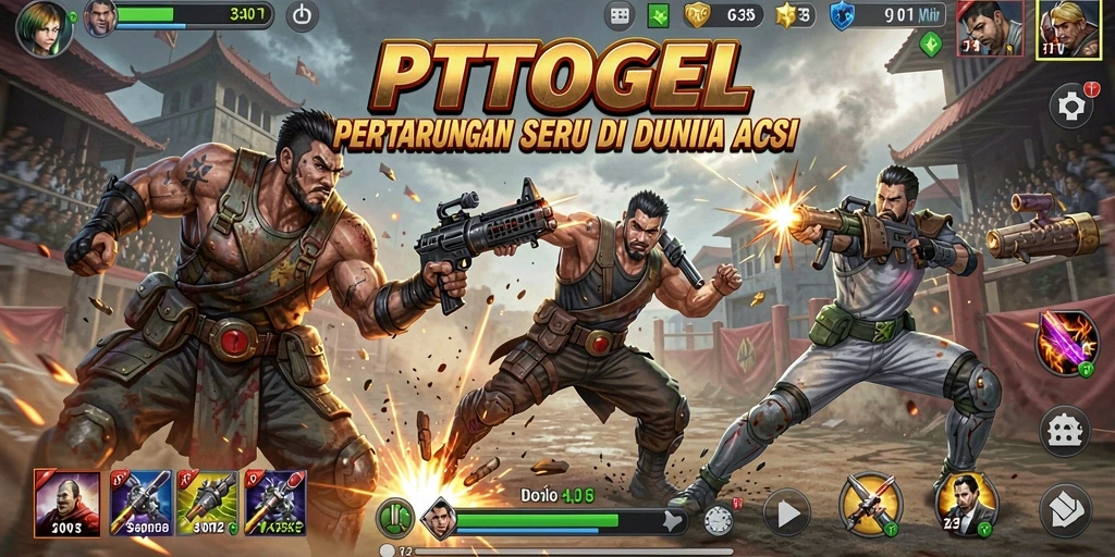 Screenshot gameplay PTTOGEL menampilkan pertarungan seru antara karakter.