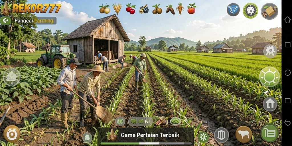 Tangkapan layar gameplay <strong>REKOR777</strong> menampilkan petani yang merawat ladang dan hewan.