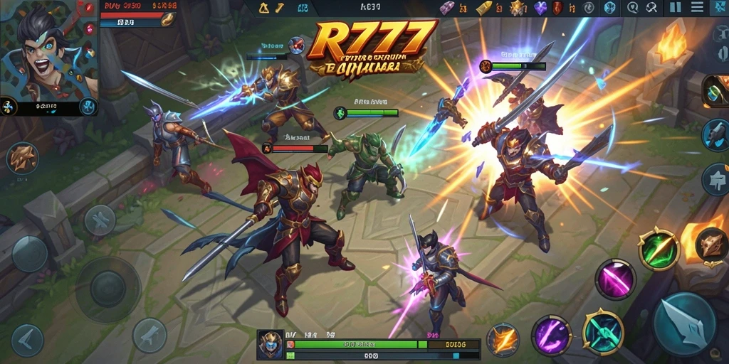 Tangkapan layar gameplay RR777 dengan pertarungan seru di arena MOBA.