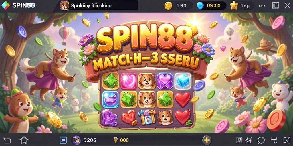 Screenshot utama SPIN88 menampilkan aksi gameplay Match-3 yang seru dan penuh warna.