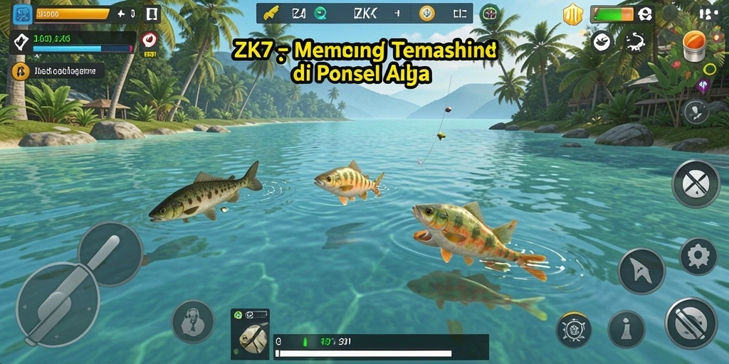 Screenshot ZK7 yang menunjukkan aksi memancing seru di danau yang indah.